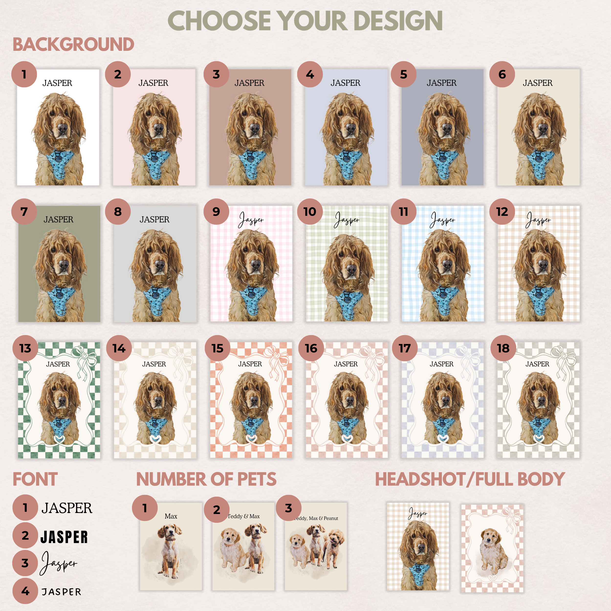 Design selection grid for a dog with a blue bandana on various backgrounds and layouts.