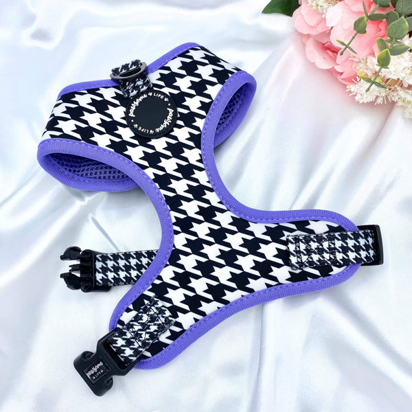 Cute no-pull dog harness with adjustable design and a sophisticated houndstooth pattern with purple details