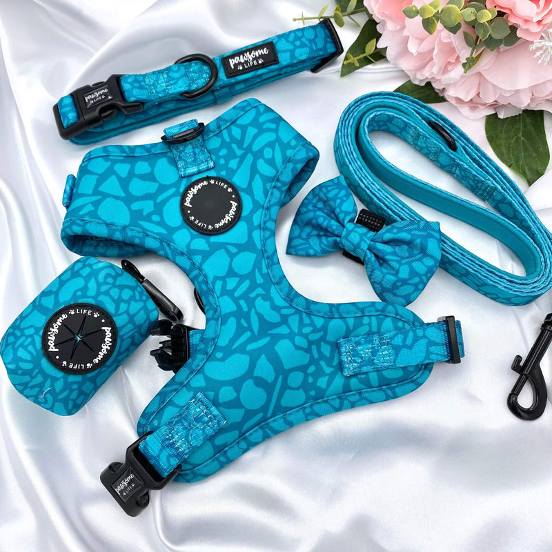 No-pull dog harness showcasing a classic dark teal abstract pattern for comfortable walks