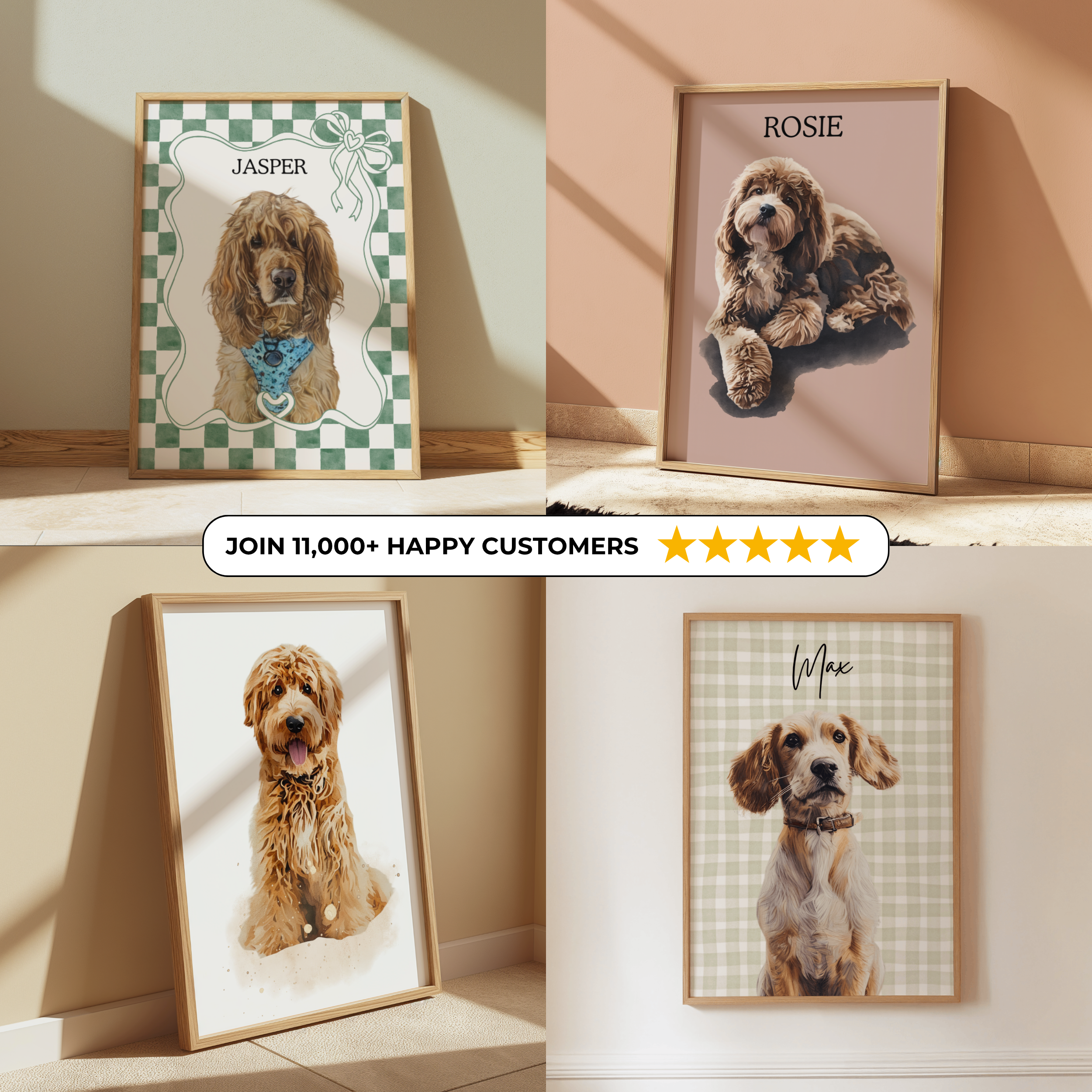 Four framed photos of dogs with names on a wall.