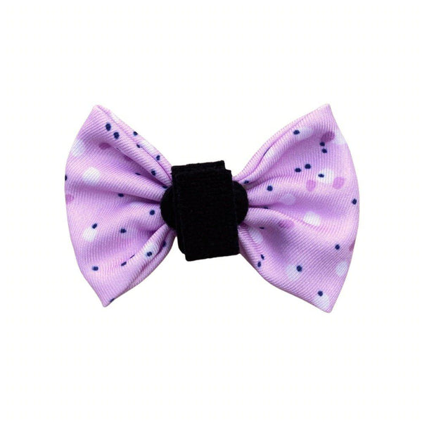 Designer dog bow showcasing a vibrant pink, lilac, and purple pattern, perfect for stylish occasions
