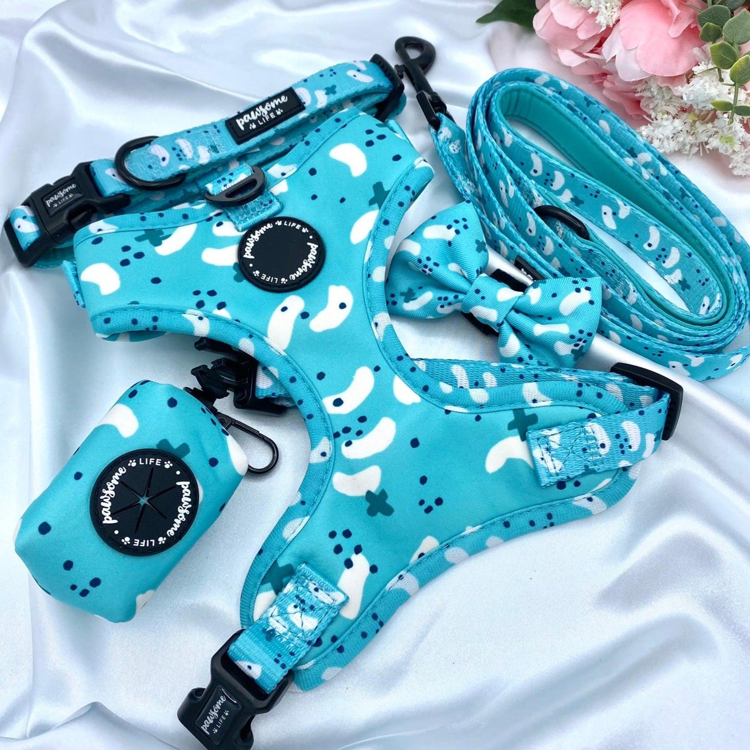 Adjustable cute dog harness with designer pattern for puppy and small to medium dogs featuring quick release buckle