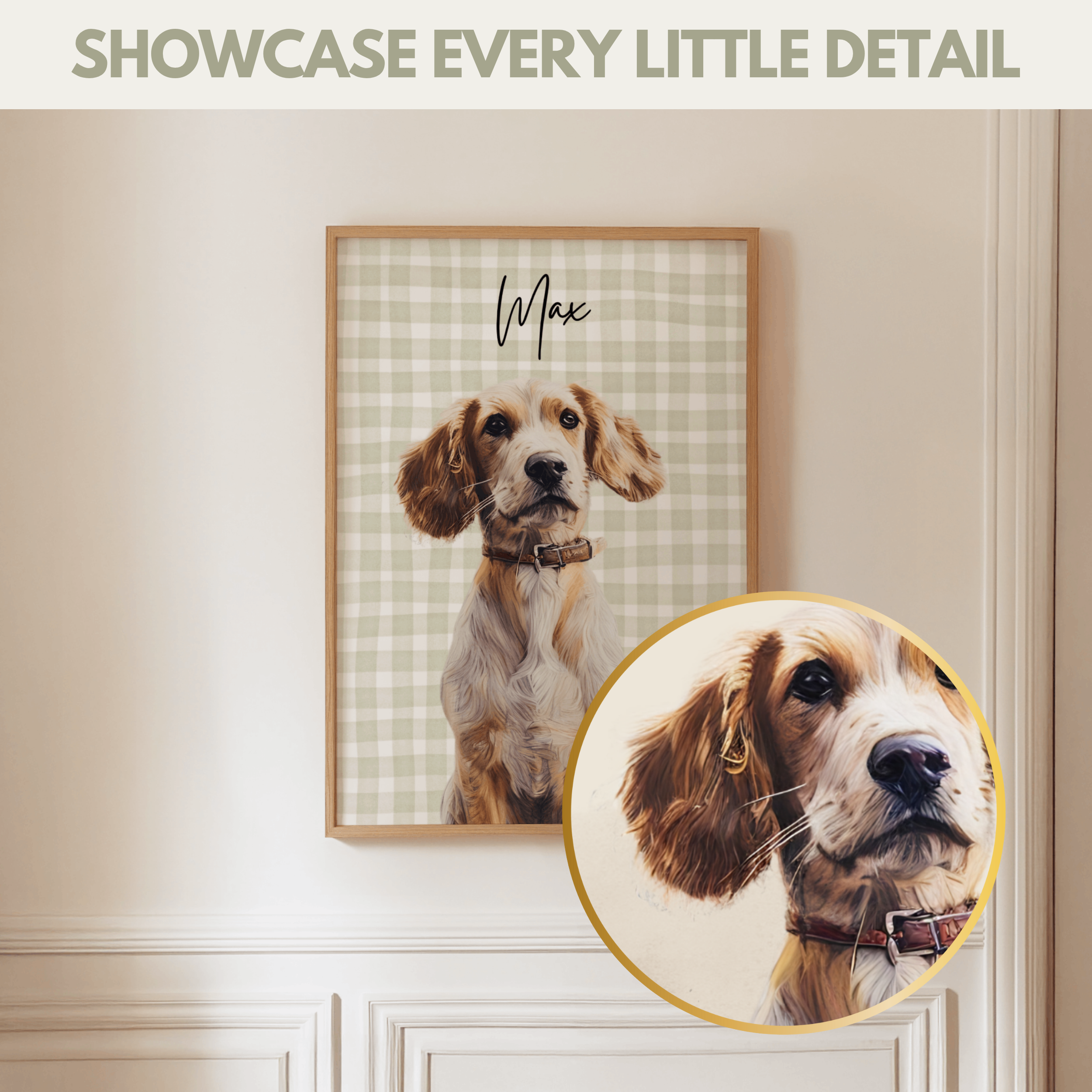Framed portrait of a dog with a close-up inset on a wall.