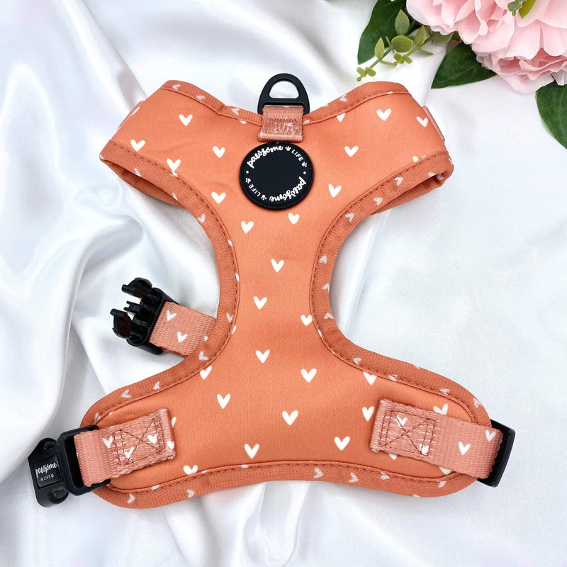 Chic and adjustable dog harness with an orange hearts pattern and a boho cinnamon theme, offering a perfect fit for comfort