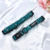 Cute dog collar featuring a green leopard design and a quick-release buckle for easy use