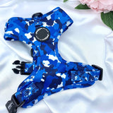 Cute no-pull dog harness with adjustable design and intriguing blue camouflage pattern
