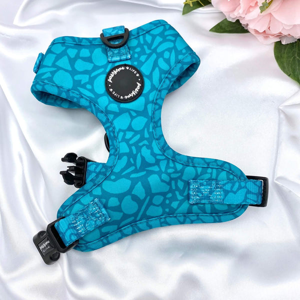 Cute no-pull dog harness with adjustable design, featuring a dark teal abstract pattern