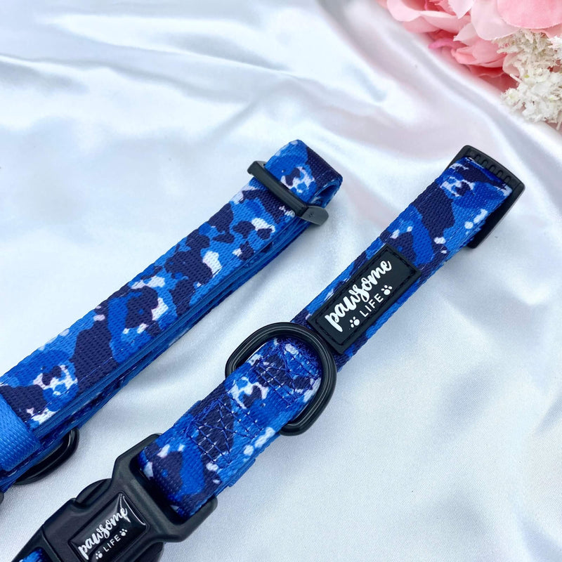 Cute boy dog collar with a modern blue camouflage pattern and quick-release buckle for easy use