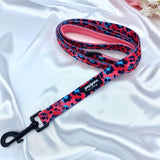Stylish dog leash adorned with a trendy pink leopard design, perfect for fashionable walks