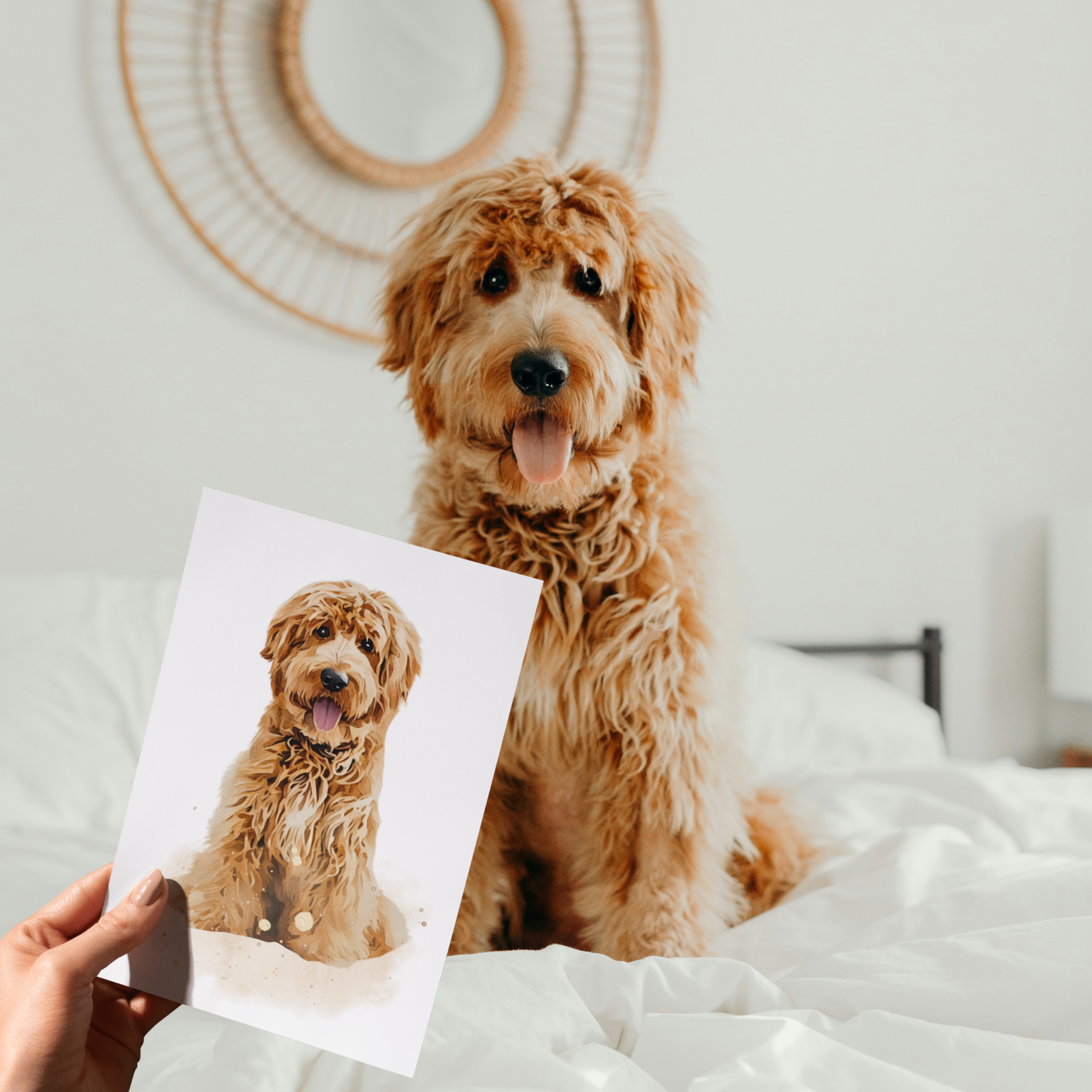 Person holding a photo of a fluffy dog sitting on a bed.