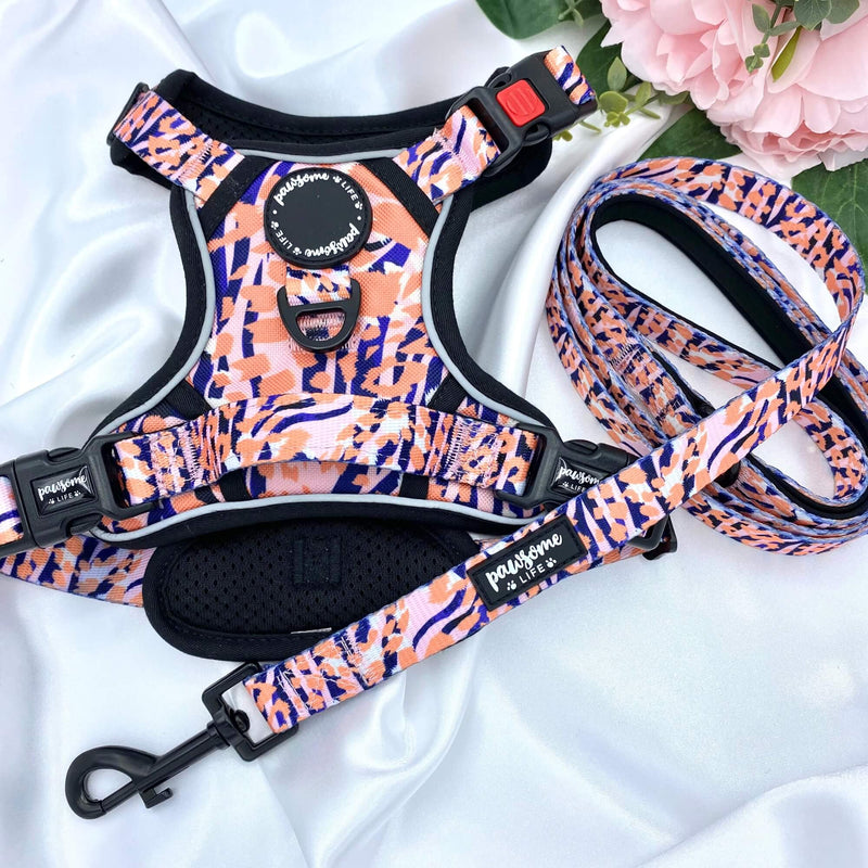 Durable and practical dog harness boasting a stylish orange leopard pattern, designed for active and adventurous dogs