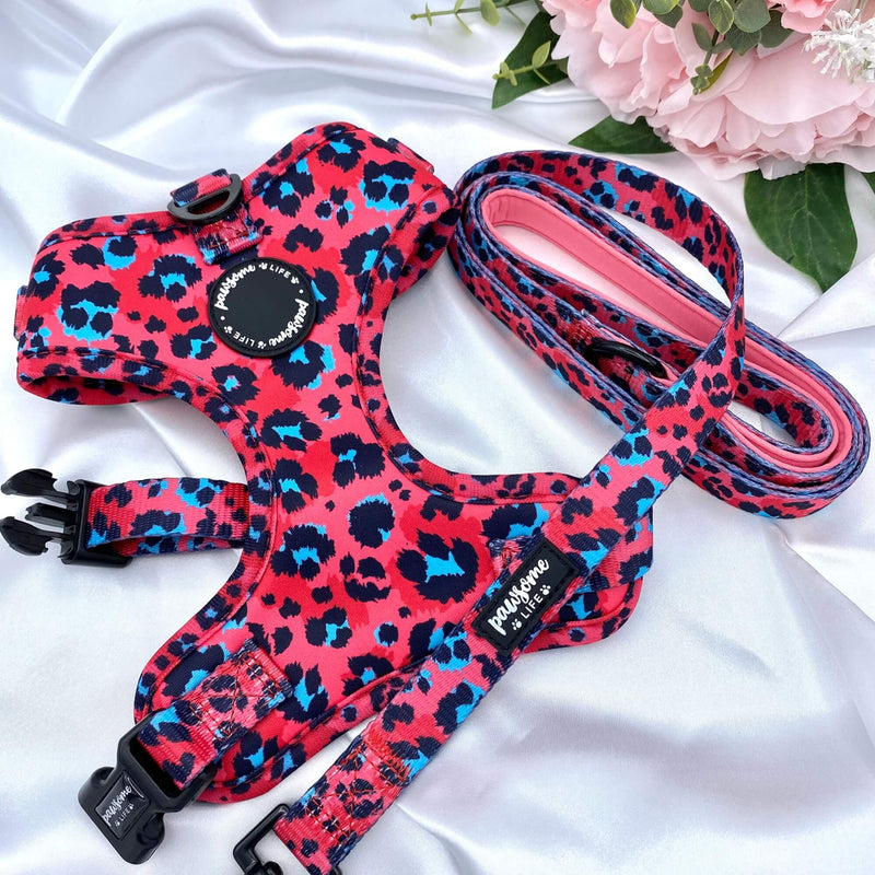 Eye-catching dog harness boasting a bold pink leopard design, making your pet stand out in style