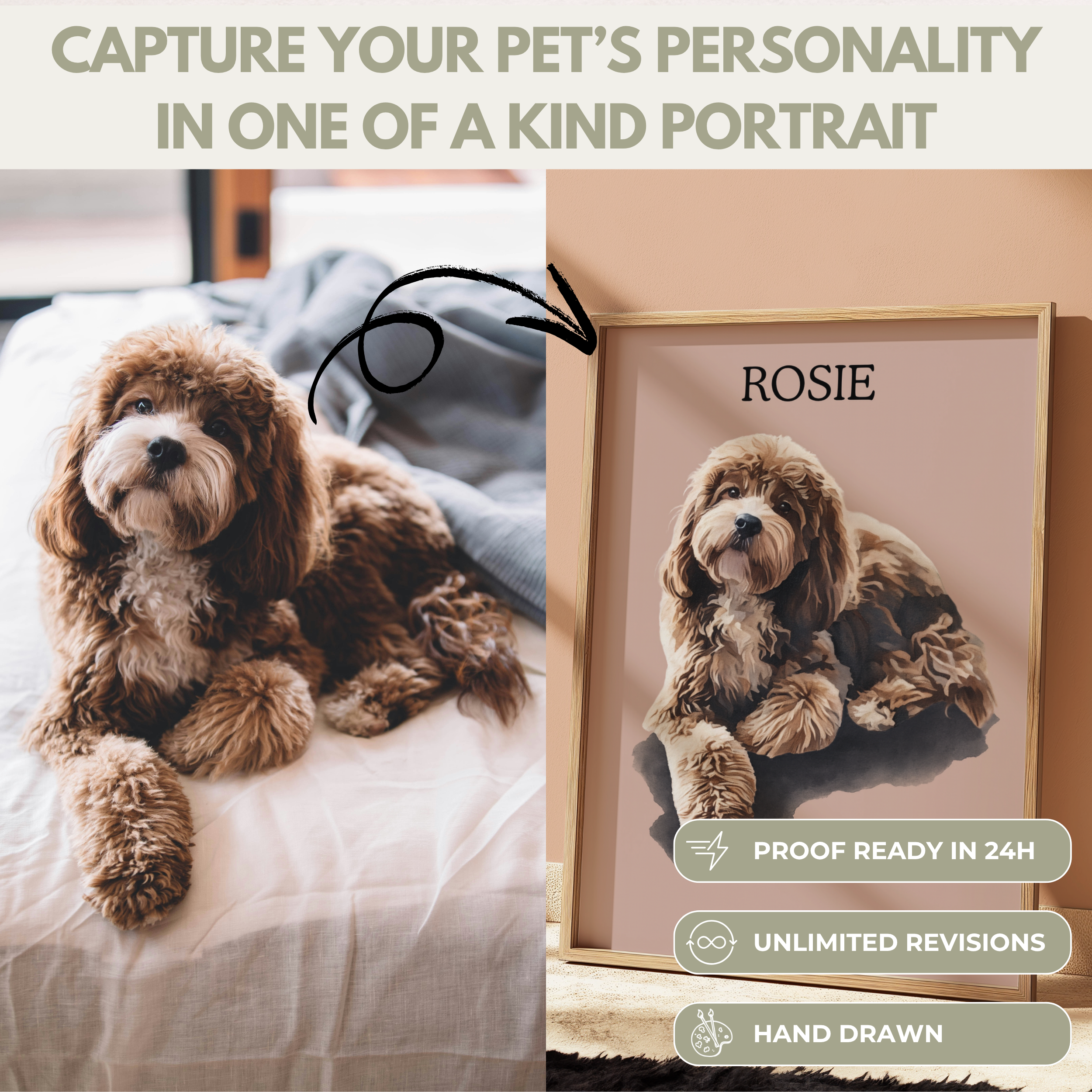 Dog sitting on a bed with a framed portrait of the dog labeled 'Rosie' displayed next to it.