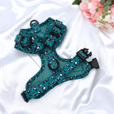 Designer adjustable puppy harness adorned with a green leopard design, perfect for your stylish pup