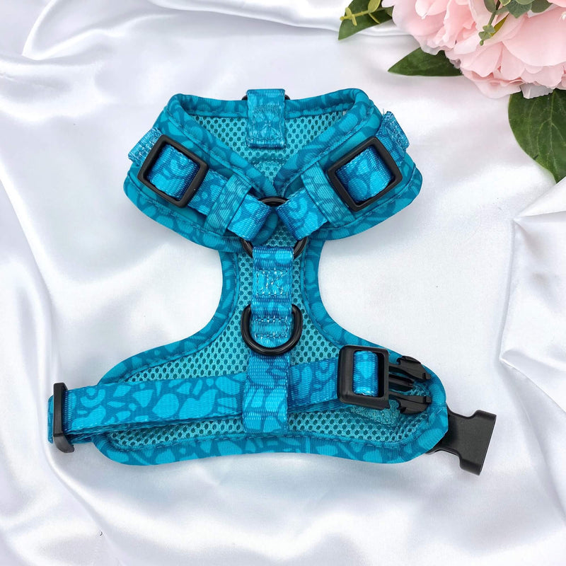 Designer adjustable puppy harness adorned with a dark teal abstract design, perfect for your stylish pup
