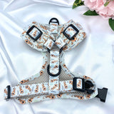 Designer adjustable dog harness featuring an eye-catching tiger print for a fashionable pet