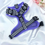 Designer adjustable puppy harness featuring an elegant houndstooth print with purple accents, perfect for a fashionable young pet