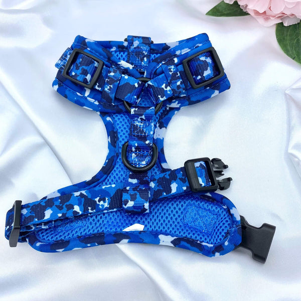 Designer adjustable puppy harness featuring a cool blue camouflage print for a fashionable young pet