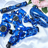 Trendy adjustable puppy harness with a unique blue camouflage pattern, combining fashion and practicality