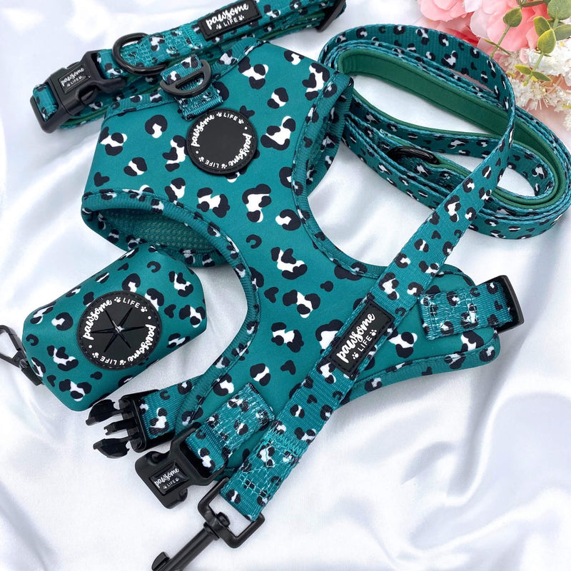 Designer dog leash featuring a vibrant green leopard pattern, secure and stylish