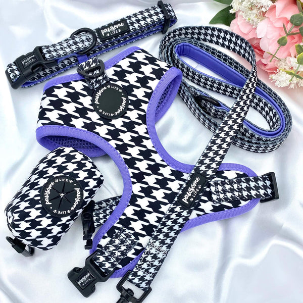 Designer boy dog collar featuring a chic houndstooth design, purple accents, and a secure quick-release buckle