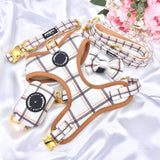 Adjustable dog harness with a chic tartan pattern, designed as a no-pull harness with a golden quick-release buckle for dog owners
