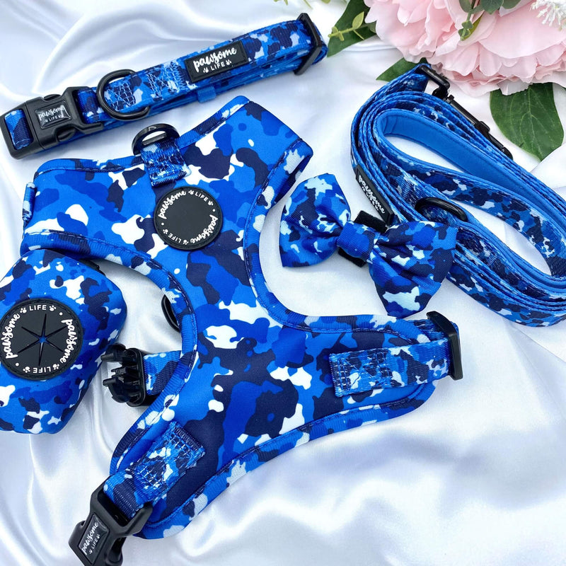 Designer dog collar featuring a cool blue camouflage design and a secure quick-release buckle