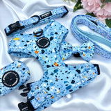 Adjustable dog harness adorned with a chic blue terrazzo design, ensuring a comfortable fit