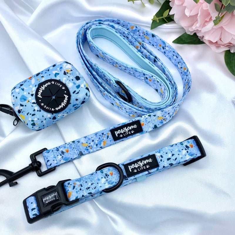 Elegant dog bow with a sophisticated blue terrazzo design, perfect for special occasions or everyday wear