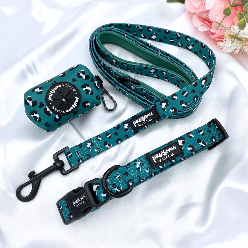 Elegant dog leash with a charming green leopard design, ideal for stylish pet outings