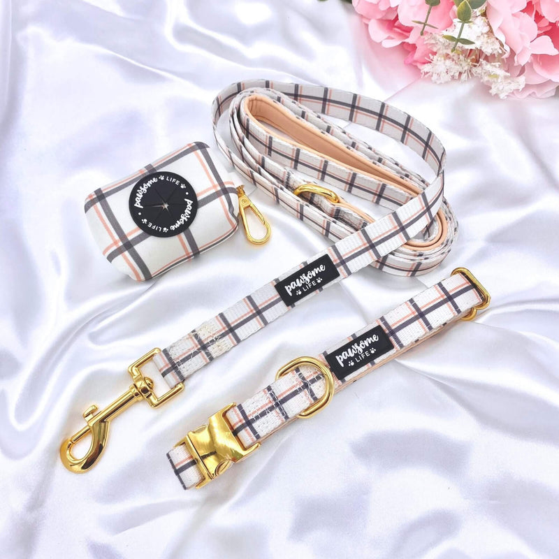 Sophisticated plaid pet leash equipped with a functional golden clasp