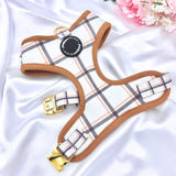 Cute dog harness UK, featuring a stylish plaid pattern, adjustable fit, and a golden quick-release buckle