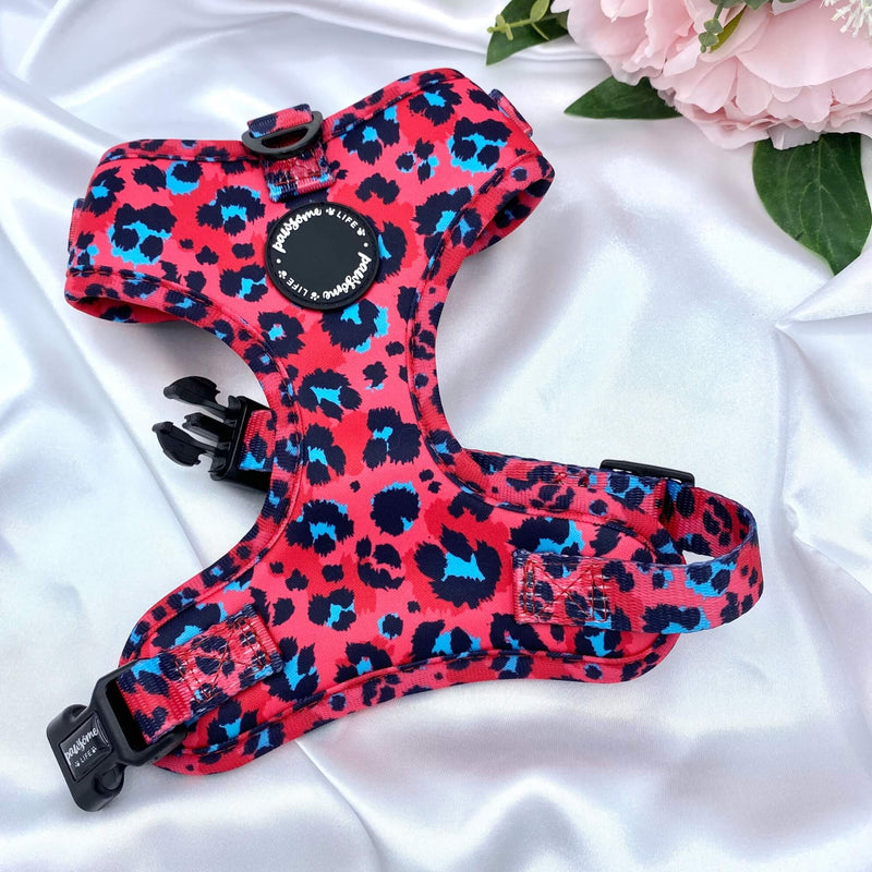 Stylish dog harness with a trendy pink leopard design, perfect for fashionable walks