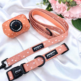 Elegant dog leash with a charming orange pattern with hearts, enriched by a boho cinnamon theme, ideal for stylish pet outings