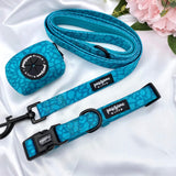 Stylish dog leash featuring a vibrant dark teal abstract pattern, ideal for fashionable pet owners