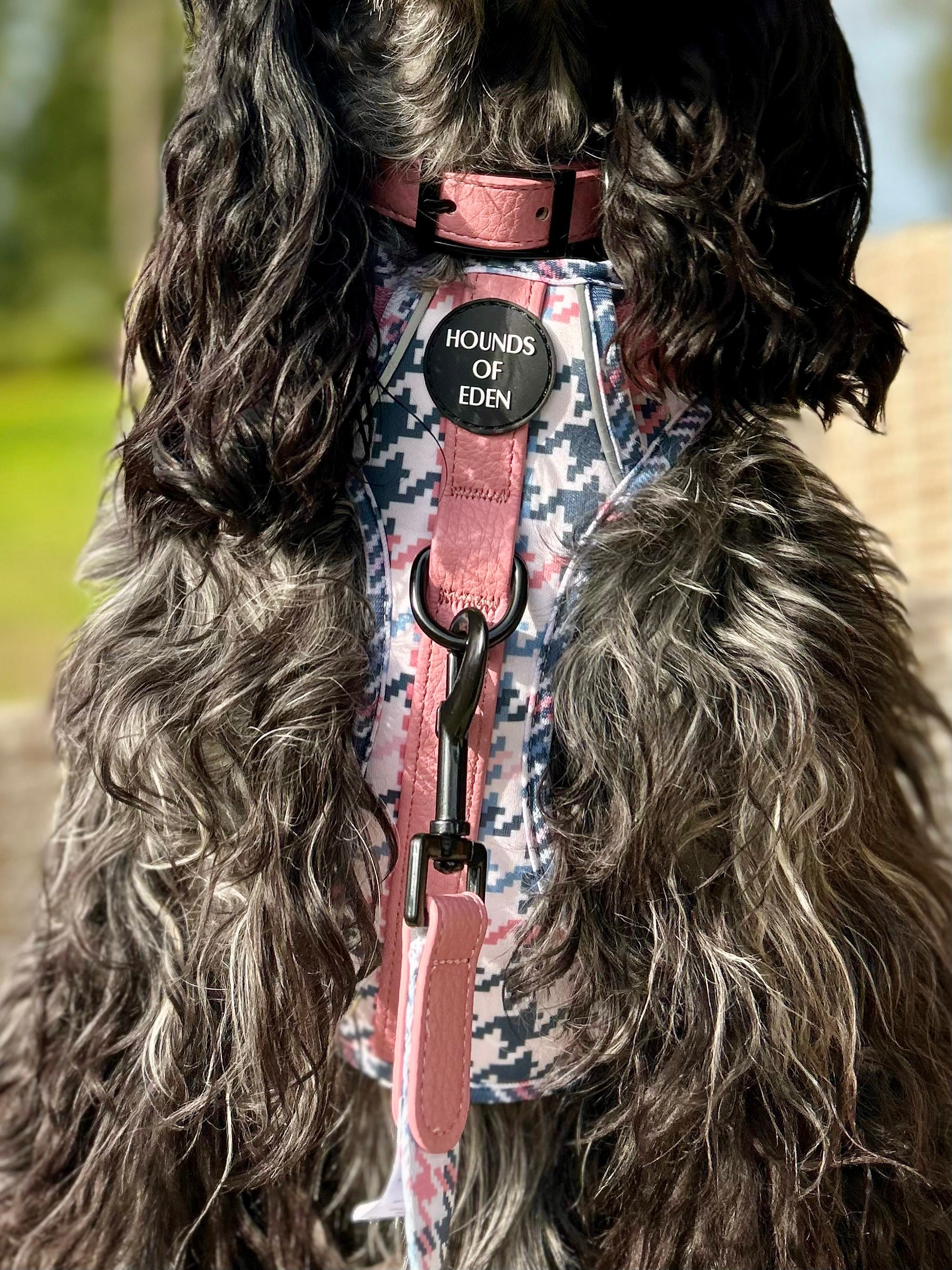 Pink Houndstooth Leather Dog Lead