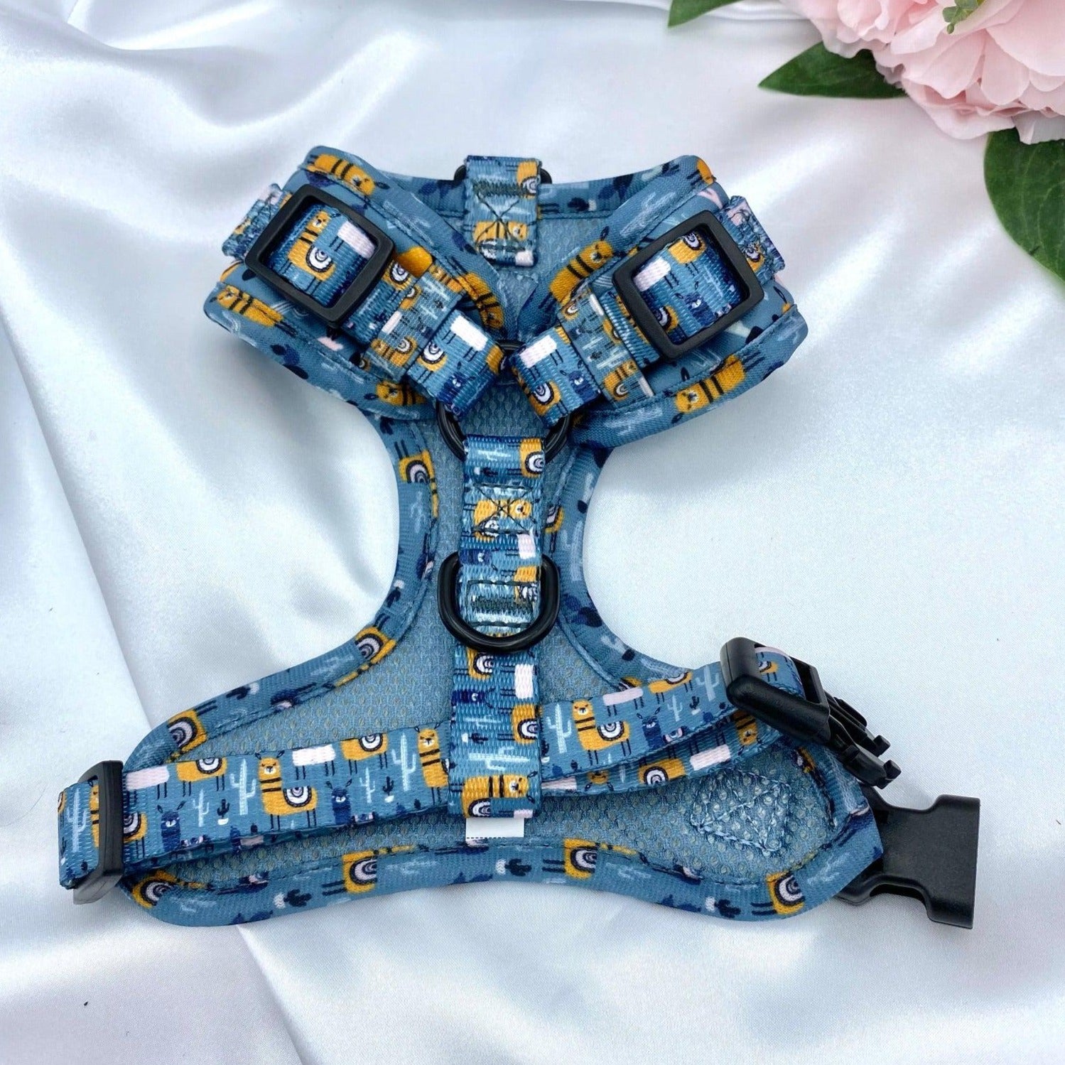 Adjustable cute dog harness with designer pattern for puppy and small to medium dogs featuring quick release buckle