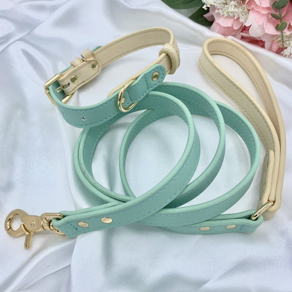 Cream and Green Leather Dog Lead