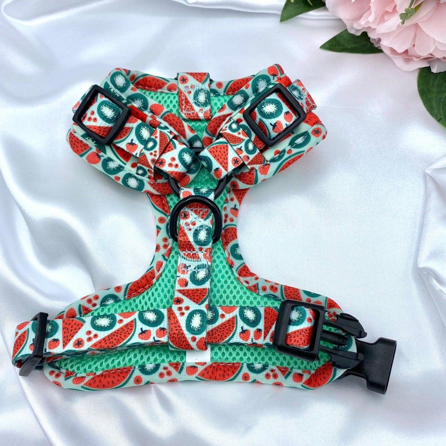 Designer adjustable puppy harness boasting an eye-catching watermelon print, perfect for a fashionable young pet