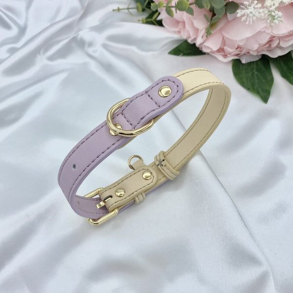 Cream and Lilac Leather Dog Collar