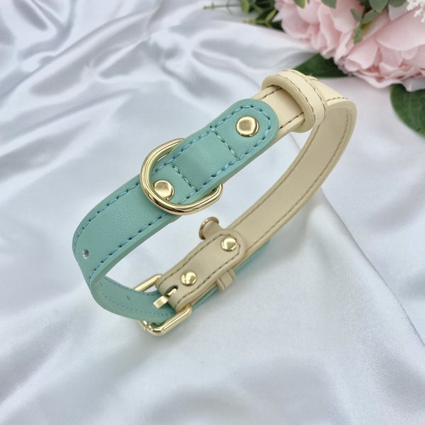 Cream and Green Leather Dog Collar