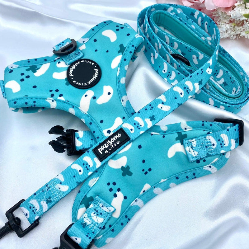 Adjustable cute dog harness with designer pattern for puppy and small to medium dogs featuring quick release buckle