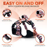 No-pull dog harness featuring a vibrant orange leopard design, ideal for active pets