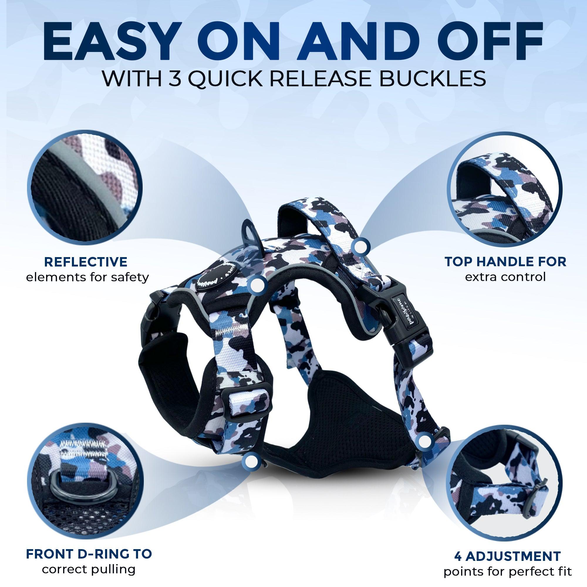 No-pull dog harness featuring a trendy grey camouflage pattern, perfect for active pets