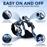 No-pull dog harness featuring a trendy grey camouflage pattern, perfect for active pets