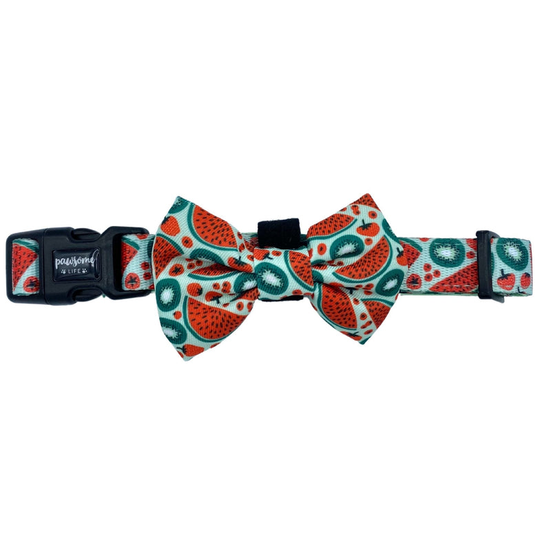 Trendy dog bow tie with a charming watermelon design, easily attaches to collars with velcro strap
