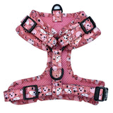 Adjustable cute dog harness with designer pattern for puppy and small to medium dogs featuring quick release buckle