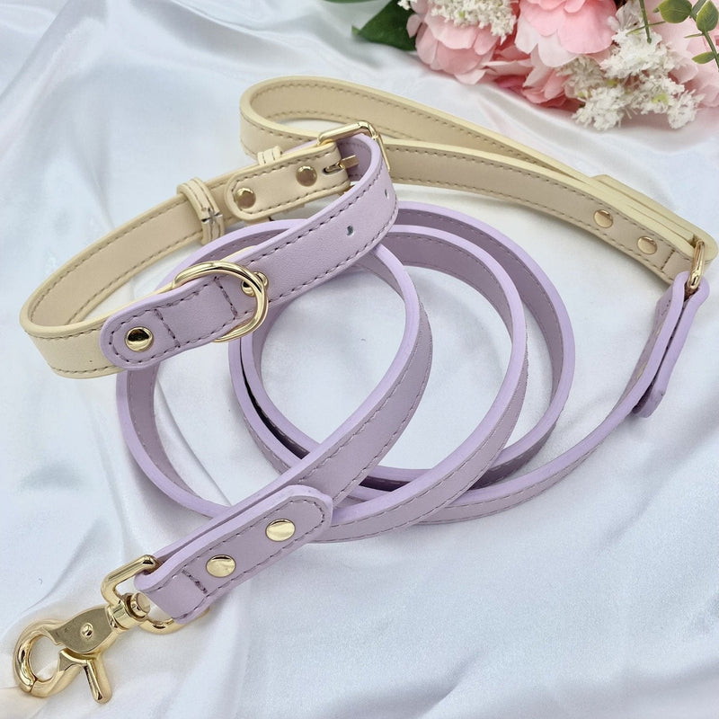 Cream and Lilac Leather Dog Collar