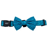 Designer dog bow tie featuring a vibrant dark teal abstract pattern, complete with a velcro fastening