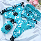 Adjustable cute dog harness with designer pattern for puppy and small to medium dogs featuring quick release buckle